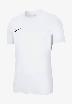 Camiseta blanca Nike Dri-FIT de manga corta, con cuello redondo y un pequeño logotipo negro de swoosh en el lado izquierdo del pecho. Tejido ligero y suave.