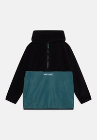 Svart och teal fleece hoodie med halvdragkedja framtill, känguruficka och broderad "element"-logotyp på bröstet.