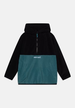 Hoodie de fleece preto e azul-turquesa com fecho de meio zip à frente, bolso tipo canguru e logótipo "element" bordado no peito.