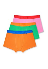 Four pairs of boxer shorts in vibrant colors: red, pink, green, and orange. Each features a solid color waistband with "HAPPY" embossed.