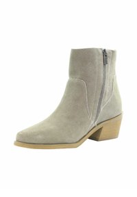 Szare zamszowe botki za kostkę z wysmukłym noskiem, zapinane na zamek błyskawiczny z boku oraz na drewnianym słupku. Posiadają subtelne detale przeszycia wzdłuż szwów.