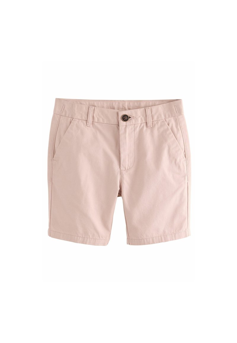 Shorts roses clairs en tissu doux, avec fermeture à bouton, poches en biais et ourlet net. Conçus pour un style décontracté.