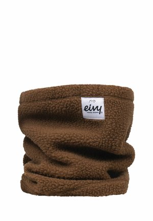Gaiter de cou en polaire marron, présentant une texture douce, des bords roulés et une étiquette de marque visible avec un logo stylisé.