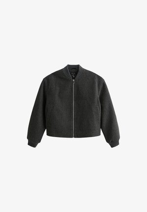 Dunkelgraue Bomberjacke aus Wollmischung, mit Reißverschluss vorne, gerippten Bündchen und zwei seitlichen Taschen. Schlichtes, elegantes Design.