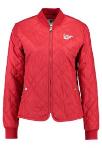 Veste matelassée rouge avec fermeture éclair sur le devant, col et poignets côtelés, et boutons-pression sur les côtés. Présente un patch logo sur la poitrine gauche. Matière en nylon lisse.