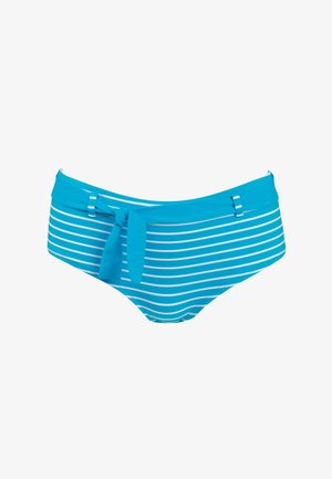Bikini w turkusowymi paskami i białymi pasami, z wiązaniem z przodu oraz kontrastowymi akcentami z boku.