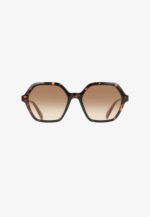 Sechseckige Schildpatt-Sonnenbrille mit braunen Verlaufsgläsern und dickem Rahmen.
