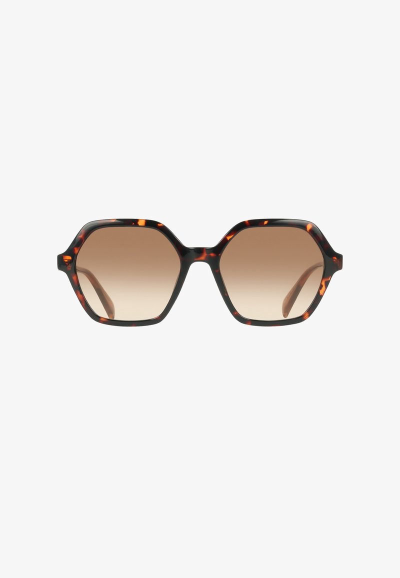 Sechseckige Schildpatt-Sonnenbrille mit braunen Verlaufsgläsern und dickem Rahmen.