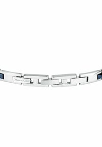 Sølv rustfrit stål armbånd med rektangulære led, der har en poleret finish og mørkeblå emalje accenter. Graveret "Maserati" logo.