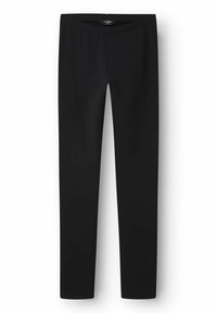 Leggings noirs en tissu doux et extensible avec une taille élastique. Le design est ajusté, présentant une texture lisse et sans ornements.