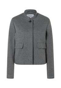 Graue Jacke aus strukturiertem Stoff mit vertikalen Streifen, rundem Ausschnitt, vorderer Knopfleiste und zwei Vorder- taschen.