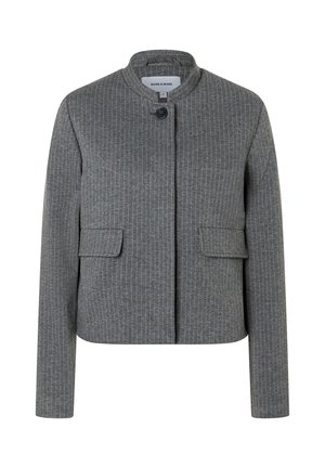 Graue Jacke aus strukturiertem Stoff mit vertikalen Streifen, rundem Ausschnitt, vorderer Knopfleiste und zwei Vorder- taschen.