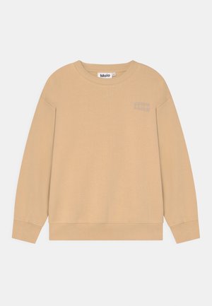 Sweat-shirt beige avec un col rond, des poignets et un ourlet côtelés. Présente un logo brodé subtil sur la poitrine. Texture lisse.