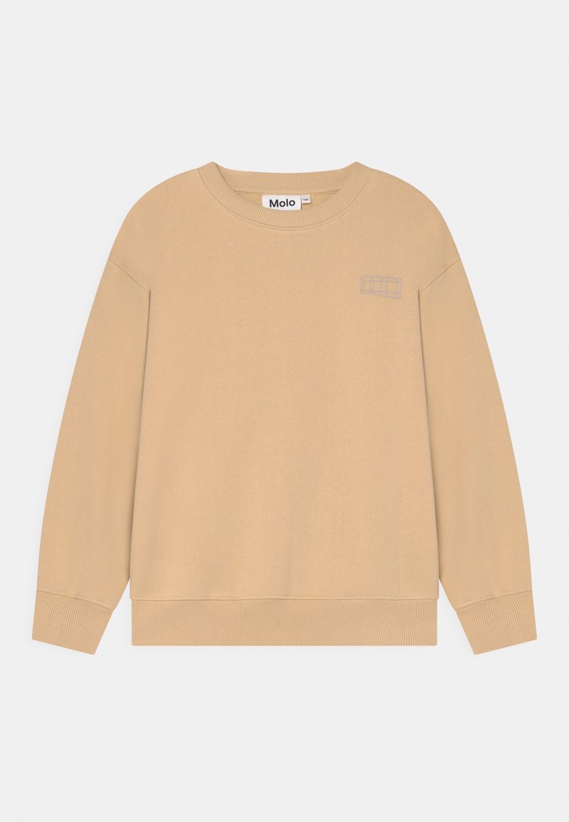 Sweat-shirt beige avec un col rond, des poignets et un ourlet côtelés. Présente un logo brodé subtil sur la poitrine. Texture lisse.