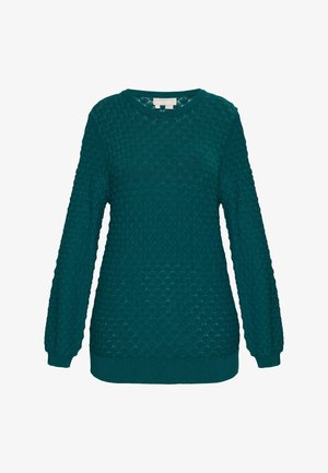 Mėlynas megztinis su mezginio raštu, primenančiu žvynus, ilgos rankovės, guma apdirbti manžetai ir apykaklė, apvalus iškirpimas, pagamintas iš tekstūruotos medžiagos.