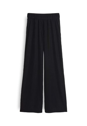 Schwarze, weit geschnittene Hose mit einem elastischen Bund, gefertigt aus weichem, leichtem Stoff. Das Design zeichnet sich durch eine entspannte Passform und eine glatte Textur aus.