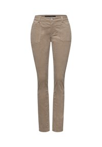 Beige slim-fit housut, jotka on valmistettu puuvillasta, sisältävät kaksi etutaskua, nappisulku ja hieno rakenne kauttaaltaan.