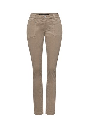 Beige Slim-Fit-Hosen aus Baumwolle, mit zwei vorderen Taschen, einem Knopfverschluss und einem subtilen Texturmuster.