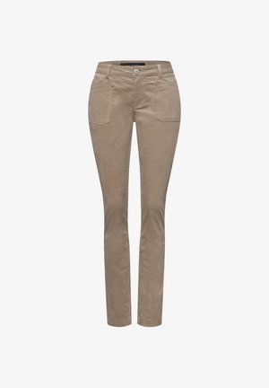 Pantalones beige de corte slim en algodón, con dos bolsillos frontales, cierre de botón y una textura sutil en toda la prenda.