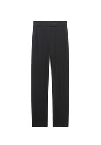 Zwarte broek met een recht ontwerp, voorzien van een knoopsluiting en een gladde textuur. Minimalistische stijl zonder zichtbare patronen of accenten.