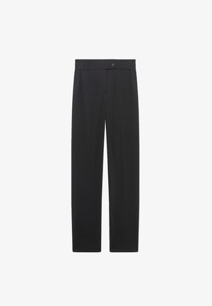 Pantalons noirs à coupe droite, dotés d'une fermeture à bouton et d'une texture lisse. Style minimaliste sans motifs ni accents visibles.