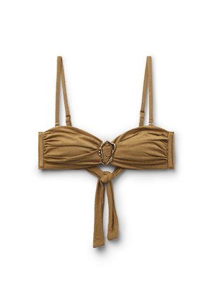 Braun texturiertes Bikinioberteil mit verstellbaren dünnen Trägern, einem zentralen Metallringdetail und einem gebundenen Knoten in der vorderen Mitte.