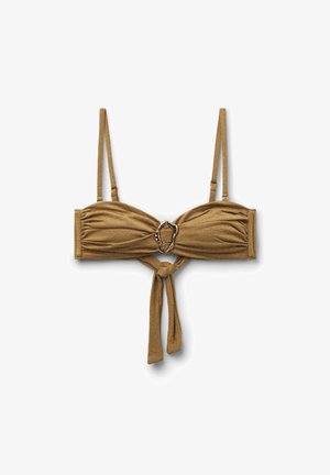 Braun texturiertes Bikinioberteil mit verstellbaren dünnen Trägern, einem zentralen Metallringdetail und einem gebundenen Knoten in der vorderen Mitte.