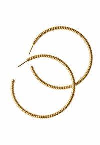 Pendientes de aro de oro con un diseño en espiral texturizado, que cuentan con un poste delgado. Los pendientes son circulares y de tamaño mediano.