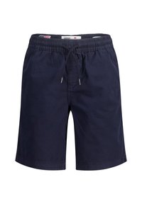 Pantalones cortos azul marino de tela ligera, con cintura elástica y cordón ajustable, además de dos bolsillos laterales.