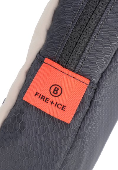 Gray hexagonal-patterned fabric with a contrasting orange tag labeled "FIRE + ICE." Features a black zipper and smooth texture.