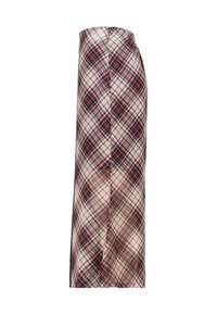 Langer, karierter Rock mit einem Muster aus rot, braun und cremefarben. Hergestellt aus einem leichten Stoff mit einer leicht strukturierten Oberfläche.