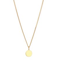 Goldfarbene Halskette mit einem schlichten runden Anhänger. Die Kette ist zart mit einem gleichmäßigen Glieder-Muster. Der Anhänger hat eine glatte, polierte Oberfläche.