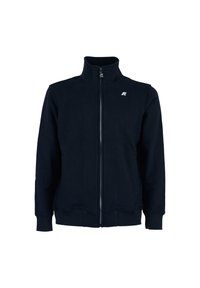 Giacca in pile con zip di colore blu navy, colletto alto, maniche lunghe e polsini e orlo a coste. Presenta un piccolo logo sul petto.