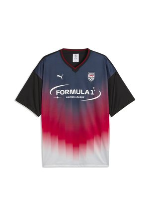 Maglia a maniche corte Puma Formula 1 Racing League con sfumature blu navy, nero, rosso e bianco e loghi sul petto.