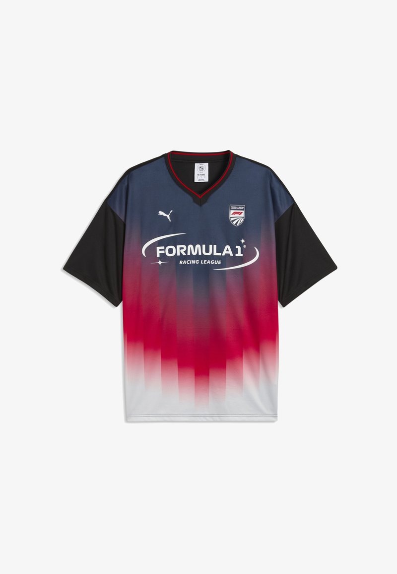 Maillot Puma Formula 1 Racing League à manches courtes avec dégradé bleu marine, noir, rouge et blanc et logos sur la poitrine.