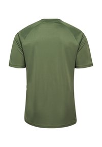 Olive green athletic t-shirt with a smooth, stretchy texture. Simple design with short sleeves and a crew neck, featuring raglan sleeves.