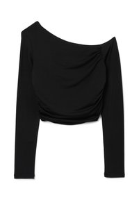 Top lungo nero a maniche lunghe con design scollato, caratterizzato da dettagli di tessuto arricciato sul busto e una trama liscia e elastica.