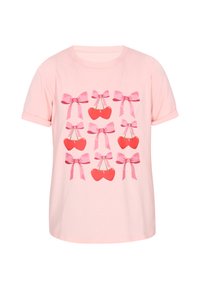 Tricou din bumbac roz, cu un grafic ce prezintă cireșe roșii legate cu fundițe roz, având mâneci scurte rulate și guler rotund.
