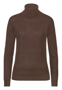 Pull à col roulé marron en tissu doux. Présente une coupe ajustée, des manches longues et des poignets et un col côtelés pour ajouter de la texture.