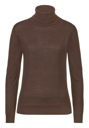 Maglione a collo alto marrone realizzato in tessuto morbido. Caratterizzato da una vestibilità aderente, maniche lunghe e polsini e collo a costine per un tocco di texture in più.