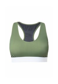 Grön sportbh med racerback-design. Tillverkad av mjukt, stretchigt tyg. Har en kontrasterande vit band längst ner och svart insida.