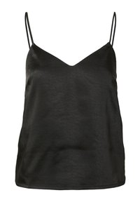 Zwarte satijnen camisole met een V-hals, dunne verstelbare schouderbanden en een gladde textuur. Eenvoudige, rechte snit zonder zichtbare versieringen.