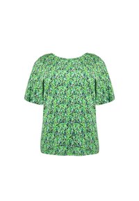 Krátký rukáv top vyrobený z lehkého materiálu s živým zeleným květinovým vzorem, se zaobleným výstřihem a volným střihem.