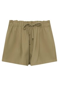 Khaki shorts gemaakt van lichtgewicht stof, met een elastische tailleband, strikdetail en geplooid ontwerp voor comfort en stijl.