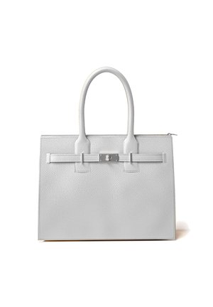 Grauer, strukturierten Lederhandtasche mit zwei stabilen Griffen, einem zentralen Verschluss und minimalistischen Design. Verfügt über glatte Kanten und subtile Nähte.