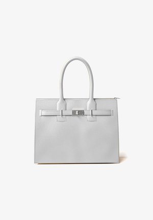 Gray textured leather handbag with two sturdy handles, a central clasp, and minimalist design. Features smooth edges and subtle stitching.