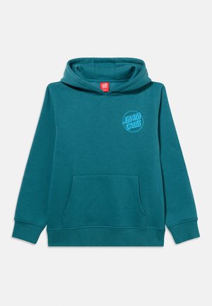 Sweat à capuche bleu sarcelle avec poche avant et logo "Santa Cruz" sur la poitrine, conçu pour les enfants de 10 à 12 ans.