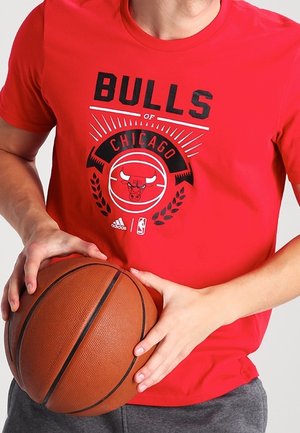 Person wearing red Chicago Bulls T-shirt holds basketball with both hands at waist level.