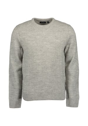 Maglione girocollo in maglia grigio chiaro con polsini e orlo a coste, caratterizzato da un delicato motivo a chevron sul davanti e maniche lunghe.