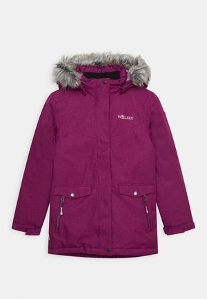 Fuchsia winter jacket with a faux fur-lined hood, front zipper, and two side pockets. Fabric features a smooth, textured surface.